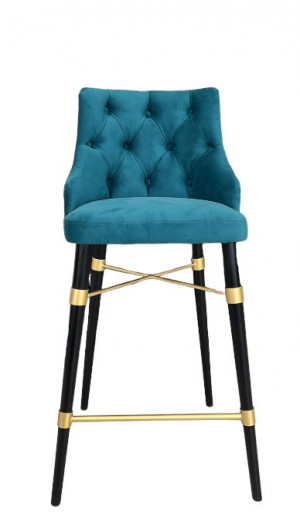 Барный стул с прошивкой, велюр синий. ножки черные с перекладиной золото