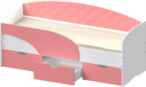 Кровать детская односпальная Алиса с бортиком и ящиками белая/розовая экокожа 90х160