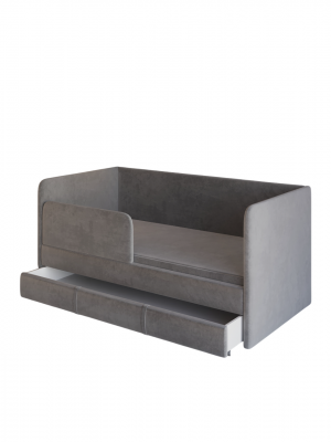 Кровать детская односпальная мягкая с ящиком и съемным бортиком серая 90х180