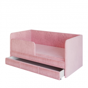 Кровать детская односпальная мягкая с ящиком и съемным бортиком розовая 90х180