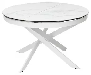Стол обеденный раскладной TRENTO 120 HIGH GLOSS STATUARIO Белый мрамор глянцевый, керамика/ белый каркас