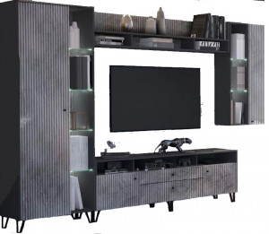 Гостиная стенка Оливия графит/мрамор серый рельефный фасад 346х43х223 см