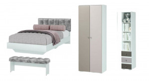 Спальный гарнитур Мемори Белый/Смоки(Шкаф/кровать/Пенал/Пуф-банкетка)