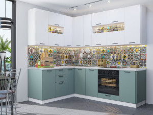 Кухонный гарнитур угловой ФЛЭТ -02  Белый серо-зеленый 234х170/240х60