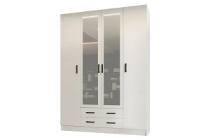 Шкаф распашной 4-х створчатый с ящиками Квадро белый/зеркало 160х49х220