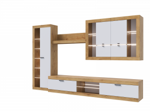 Модульная гостиная Прага 5 Дуб вотан/белый глянец/стекло 289х43х194
