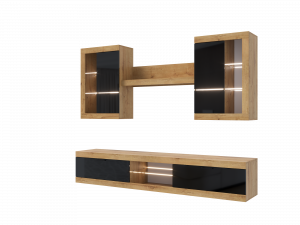 Гостиная модульная ПРАГА чёрный глянец/дуб вотан 252х42