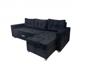 Диван угловой раскладной с оттоманкой ППУ черный плюш 245х150