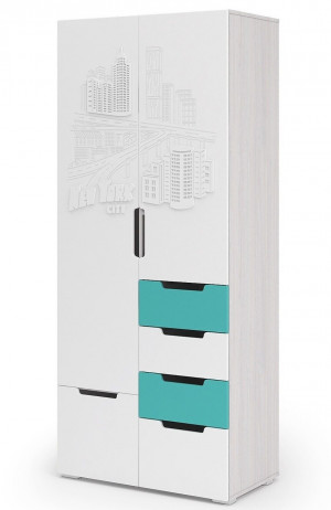 Миа Шкаф двухстворчатый ШК 052 анкор/белый металлик матовый/бирюза металлик матовый (900*500*2120)