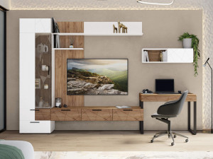 Стенка для гостиной Джерси белая/дуб золотой 340х51х224