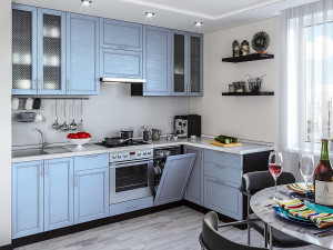 Кухонный гарнитур угловой Сканди - 04 Sky Wood голубой 250х110