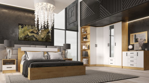 Спальня Эко с угловым вариантом шкафов дуб вотан/белый гладкий (без матраца)